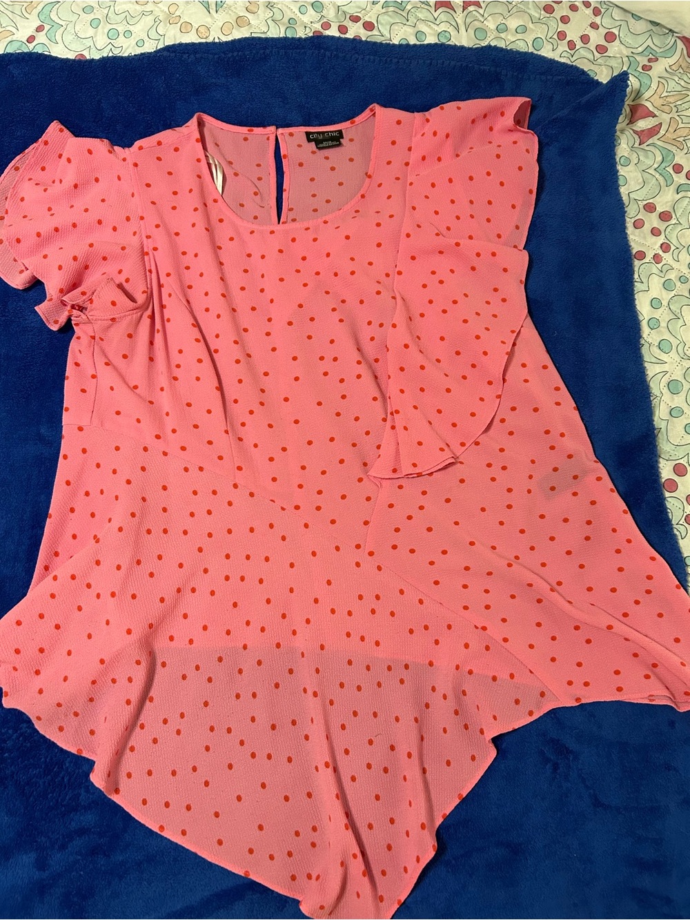 City Chic Coral Pink Polka Dot Ruffle Sleeve Blouse